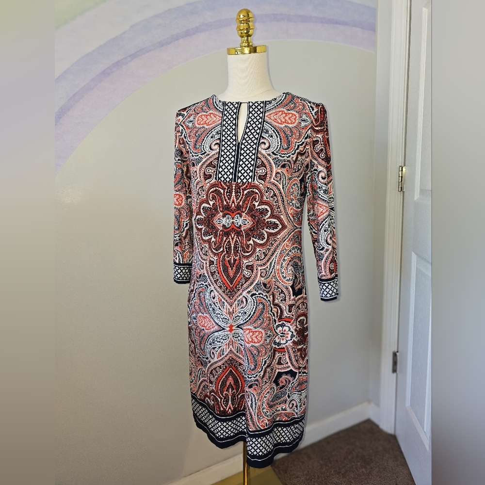 Sandra Darren | 3/4 Sleeve Keyhole Neck Printed A-Line Dress | Size 6